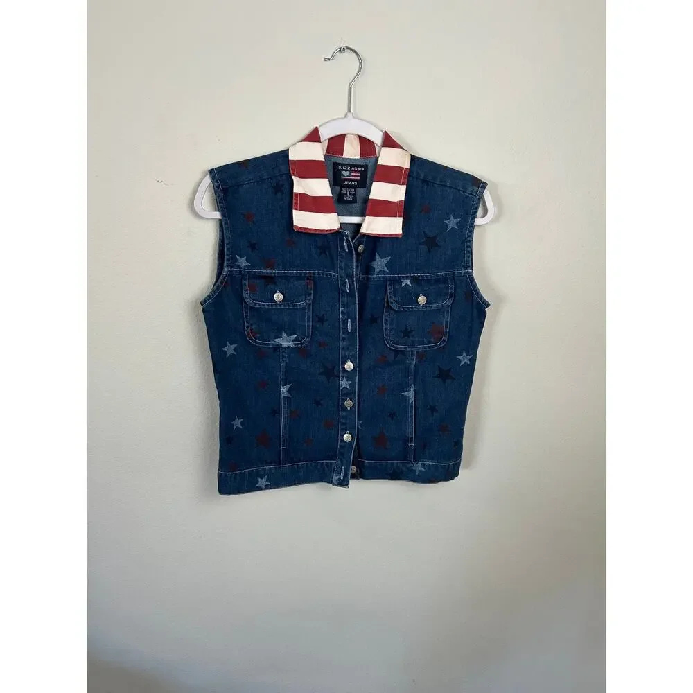 Vintage Americana Denim Vest Small Flag Collar Star Print Western USA Patriotic - Picture 3 of 8